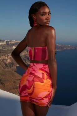 Ruffle Hem Mesh Corset Top In Pink Print 15 Ruffle Hem Mesh Corset Top In Pink Print -Glam Dress Store 4360 7 ripple effect pink print corset top ruched miniskirt 1