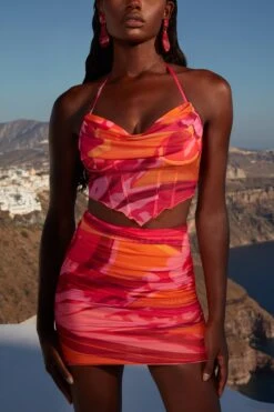 Ruffle Hem Mesh Corset Top In Pink Print 21 Ruffle Hem Mesh Corset Top In Pink Print -Glam Dress Store 4360 8 ripple effect pink print corset top ruched miniskirt 1