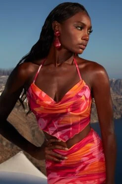 Ruffle Hem Mesh Corset Top In Pink Print 20 Ruffle Hem Mesh Corset Top In Pink Print -Glam Dress Store 4360 9 ripple effect pink print corset top ruched miniskirt 1