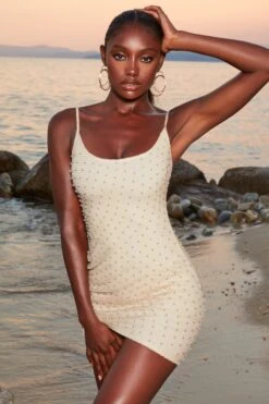 Beaded Crochet Mini Dress In Ivory -Glam Dress Store 4369 2 dusk ivory assymetrical tie side pearl netted mini dress 1