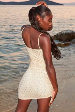 Beaded Crochet Mini Dress In Ivory -Glam Dress Store 4369 7 dusk ivory assymetrical tie side pearl netted mini dress 1