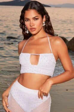 Beaded Crochet Crop Top In Lilac