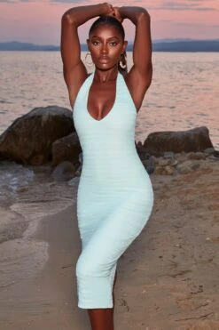 Crochet Plunge Neck Midi Dress In Aqua 20 Crochet Plunge Neck Midi Dress In Aqua -Glam Dress Store 4372 2 azure aqua halter neck plunge bust flattering midiaxi dress 1