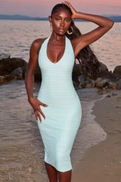 Crochet Plunge Neck Midi Dress In Aqua