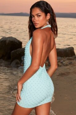 Beaded Mesh Mini Dress In Aqua -Glam Dress Store 4384 9 late night paradise aqua pearl embelllished cut out halter neck mini dress 1