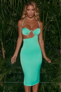 Asymmetric Cut Out Midi Dress In Aqua