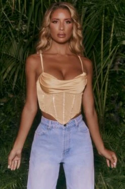 Embellished Draped Corset Crop Top In Beige -Glam Dress Store 4500 2 patience beige strappy bust flattering embellished mesh satin corset crop top 1