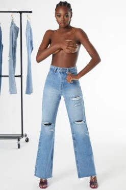 Petite Ultra Distressed Wide Leg Jeans In Medium Blue Wash -Glam Dress Store 4523 4 wear me out med wash ripped detail wide leg jeans 1