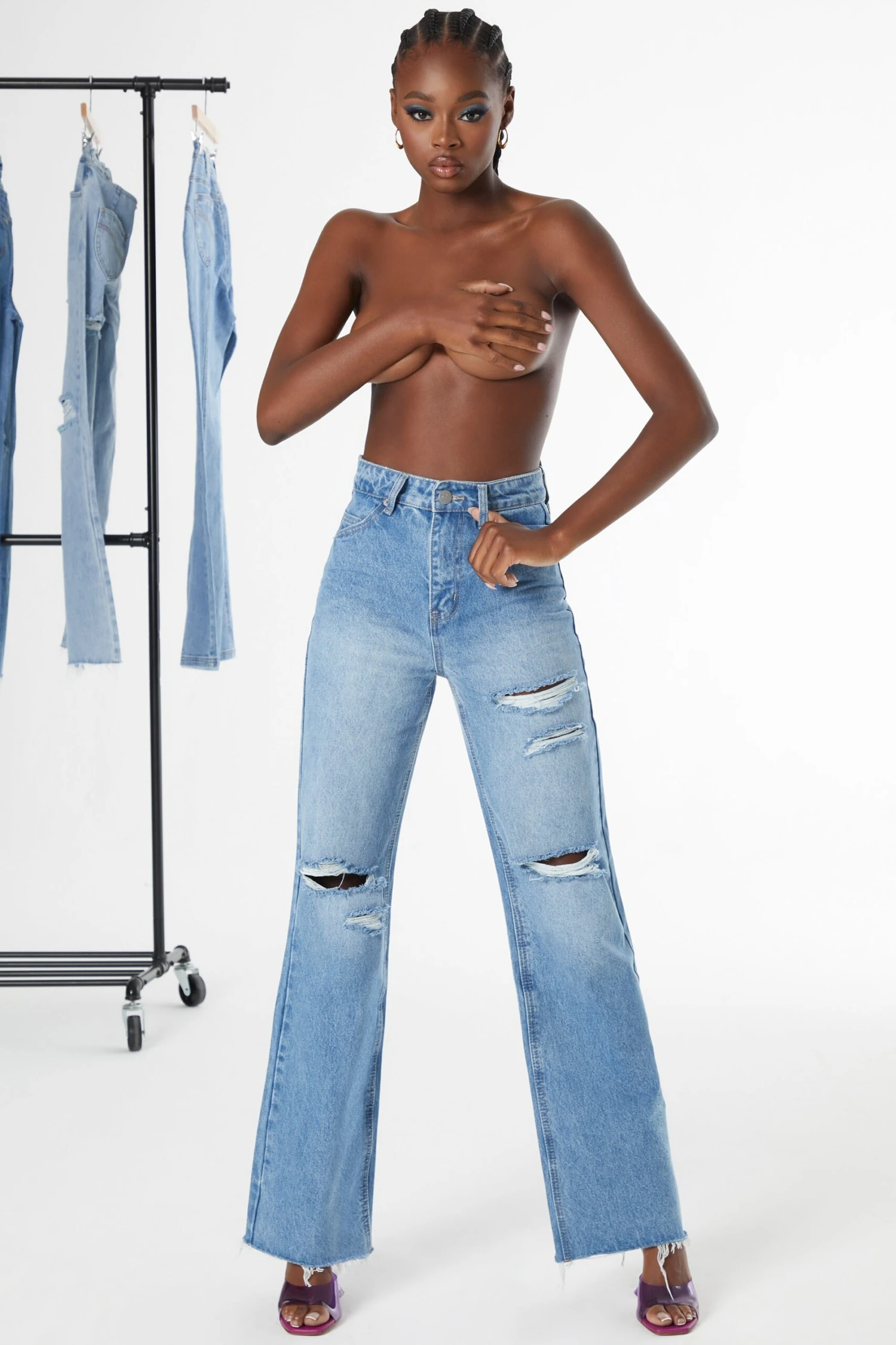 Tall Ultra Distressed Wide Leg Jeans In Medium Blue Wash 9 Tall Ultra Distressed Wide Leg Jeans In Medium Blue Wash - Image 7