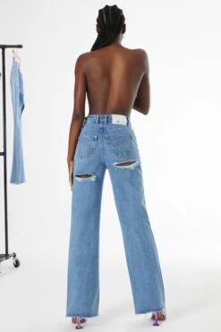 Petite Ultra Distressed Wide Leg Jeans In Medium Blue Wash -Glam Dress Store 4523 6 wear me out med wash ripped detail wide leg jeans 1