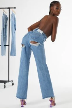 Ultra Distressed Wide Leg Jeans In Medium Blue Wash -Glam Dress Store 4523 8 wear me out med wash ripped detail wide leg jeans