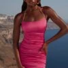 Ruched Satin Mini Dress In Pink -Glam Dress Store 4527 9 one way pink ruched satin chain strap mini dress 2