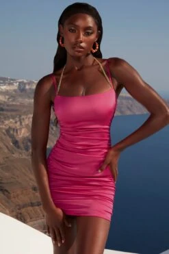 Ruched Satin Mini Dress In Pink