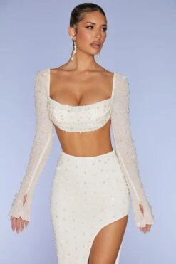 Embellished Cowl Neck Crop Top In Ivory -Glam Dress Store 4558 4567 12 La Desirade Ivory Ebellished Cowl Neck Crop Top Embellished Maxi Skirt