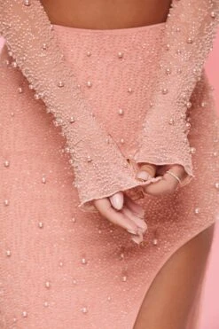 Embellished Cowl Neck Crop Top In Rose -Glam Dress Store 4558 4567 14 La Desirade Bordeaux Rose Embellished Long Sleeve Top Split Midaxi Skirt