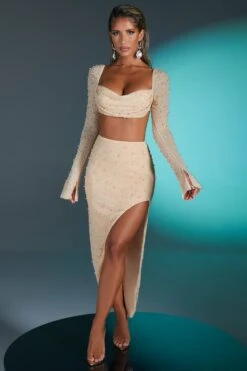 Embellished Maxi Skirt In Sand 15 Embellished Maxi Skirt In Sand -Glam Dress Store 4558 4567 2 bordeaux sand embellished sleeve cowl neck bra set 1