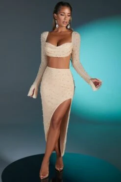 Embellished Maxi Skirt In Sand 14 Embellished Maxi Skirt In Sand -Glam Dress Store 4558 4567 3 bordeaux sand embellished sleeve cowl neck bra set 1