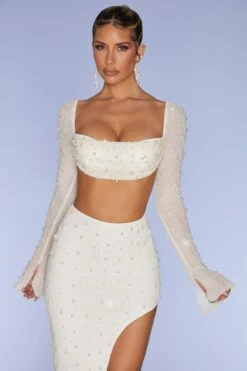 Embellished Cowl Neck Crop Top In Ivory -Glam Dress Store 4558 4567 4 La Desirade Ivory Ebellished Cowl Neck Crop Top Embellished Maxi Skirt