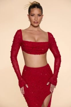 Embellished Cowl Neck Crop Top In Red -Glam Dress Store 4558 4567 7 La Desirade Red Long Sleeve Cowl Neck Top Bordeaux Red Thigh Split Skirt