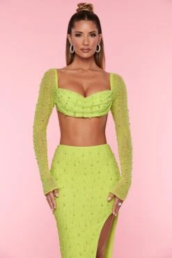 Embellished Cowl Neck Crop Top In Lime 15 Embellished Cowl Neck Crop Top In Lime -Glam Dress Store 4558 4567 8 La Desirade Bordeaux Lime Embellished Long Sleeve Top Split Midaxi Skirtcopy