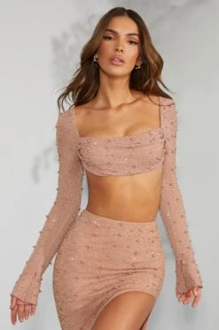 Embellished Cowl Neck Crop Top In Beige