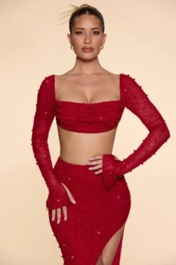 Embellished Cowl Neck Crop Top In Red -Glam Dress Store 4558 4567 9 La Desirade Red Long Sleeve Cowl Neck Top Bordeaux Red Thigh Split Skirt