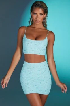Embellished Mesh Mini Skirt In Aqua