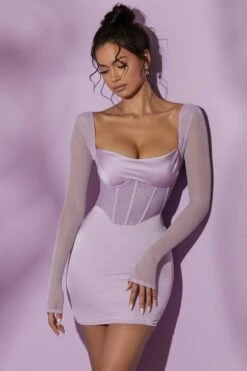 Long Sleeve Mesh Corset Mini Dress In Lilac -Glam Dress Store 4581 3 Lorient Lilac Satin Long Sleeve Mini Dress 8c098042 29e2 449a bbde acc5a8be0ff1