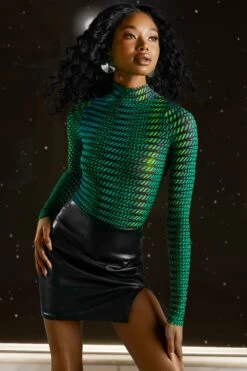 High Neck Mesh Bodysuit In Striped Print