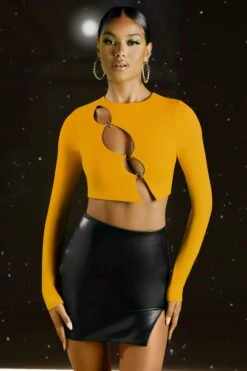 Asymmetric Long Sleeve Top In Yellow 13 Asymmetric Long Sleeve Top In Yellow -Glam Dress Store 4593 2 crash the party cutout long sleeved top