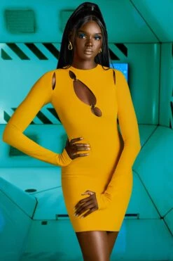 Cut Out Long Sleeve Dress In Yellow 12 Cut Out Long Sleeve Dress In Yellow -Glam Dress Store 4595 1 cut loose yellow asymmetric cut out long sleeve mini dress