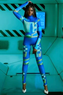 High Vibrations High Neck Long Sleeve Jumpsuit In Blue Print