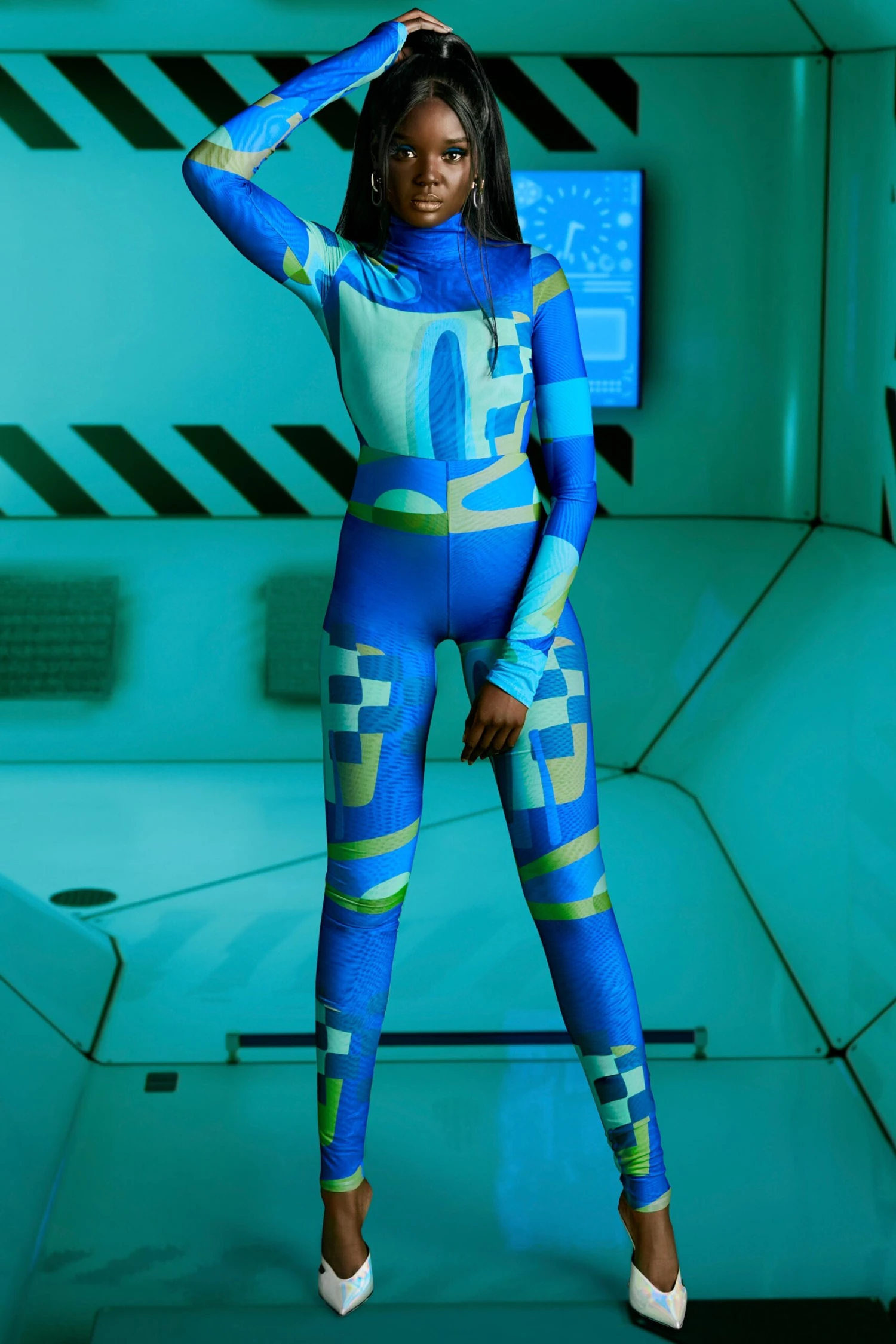 High Vibrations High Neck Long Sleeve Jumpsuit In Blue Print 3 High Vibrations High Neck Long Sleeve Jumpsuit In Blue Print