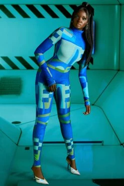 High Vibrations High Neck Long Sleeve Jumpsuit In Blue Print 14 High Vibrations High Neck Long Sleeve Jumpsuit In Blue Print -Glam Dress Store 4601 2 high vibrations blue print long sleeve roll neck jumpsuit 1