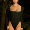Squared Neckline Bodysuit In Black -Glam Dress Store 4614 6 in the frame black angled neckline bodysuit