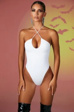 Keyhole Bodysuit In White -Glam Dress Store 4647 3 for the thrill white viynl halter neck leotard