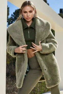 Shawl Collar Teddy Coat In Sage