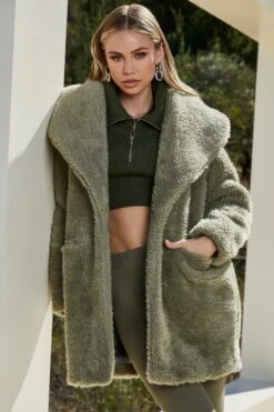 Shawl Collar Teddy Coat In Sage -Glam Dress Store 4704 6 sage teddy oversized collar coat