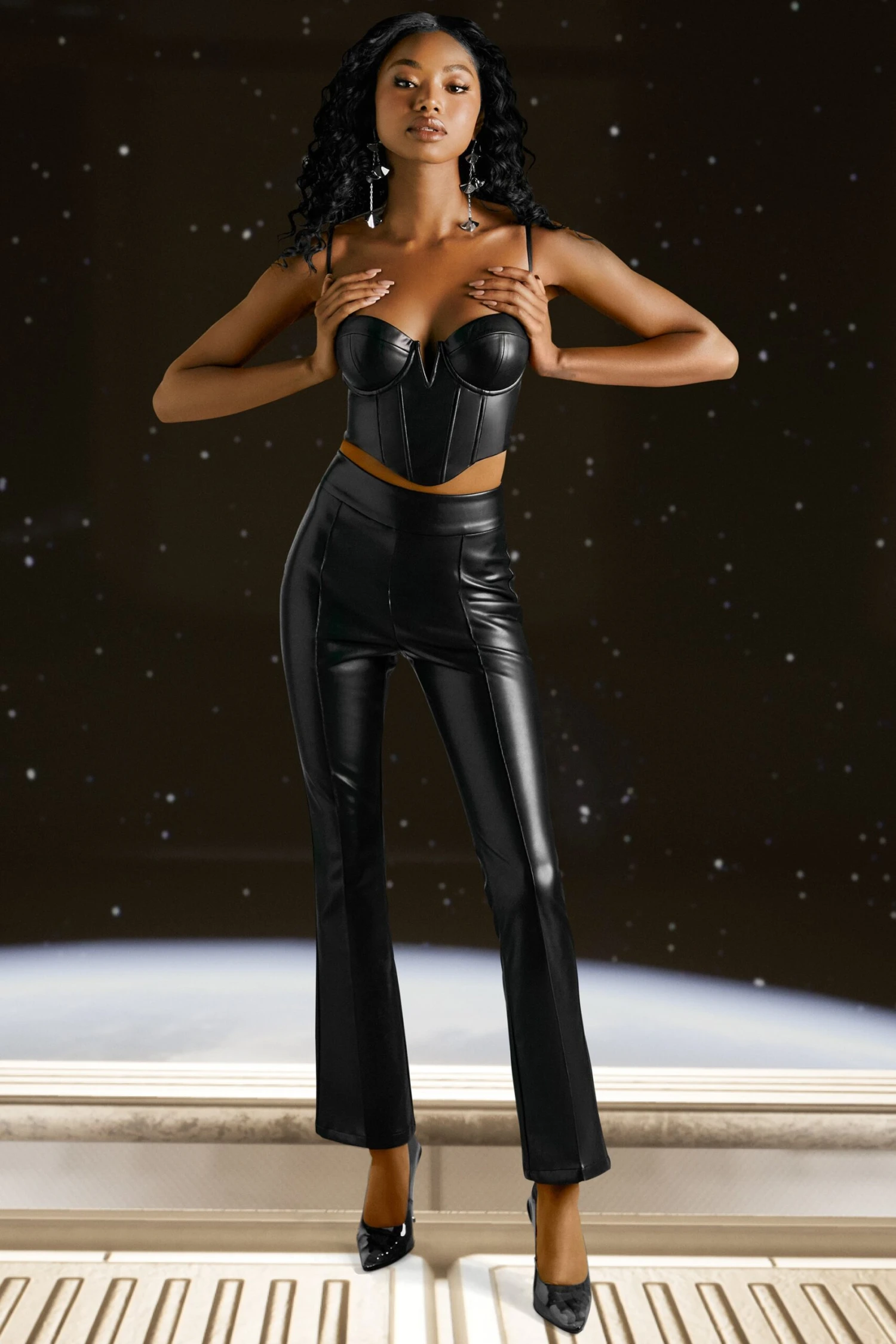 Faux Leather Flare Trousers In Black 7 Faux Leather Flare Trousers In Black - Image 5