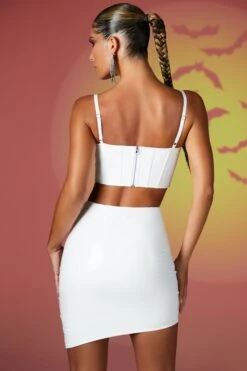 Vinyl Curved Hem Mini Skirt In White -Glam Dress Store 4730 4733 9 caution in desguise white vinyl bustierl mini skirt