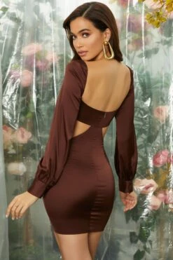 Ruched Bust Cut Out Long Sleeve Mini Dress In Brown -Glam Dress Store 4759 8 hold me closer gathered bust long sleeve cut out mini dress