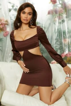 Ruched Bust Cut Out Long Sleeve Mini Dress In Brown -Glam Dress Store 4759 9 hold me closer gathered bust long sleeve cut out mini dress