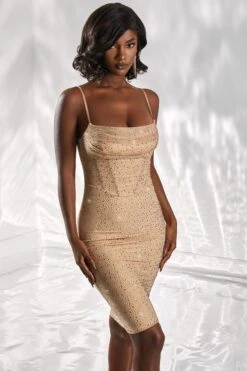 Cowl Neck Midi Dress In Gold -Glam Dress Store 4963 2 no promises gold embellished knee lenght bodycon dress 1