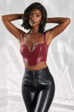 Corset Top In Burgundy -Glam Dress Store 4974 1 day dream burgundy embellished plunge faux leather crop top 1