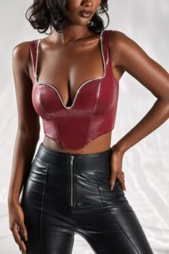 Corset Top In Burgundy -Glam Dress Store 4974 3 day dream burgundy embellished plunge faux leather crop top 1