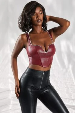 Corset Top In Burgundy -Glam Dress Store 4974 6 day dream burgundy embellished plunge faux leather crop top 1