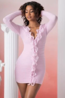Long Sleeve Ruffle Detail Mini Dress In Pink -Glam Dress Store 5019 4 oraya pink plunge ruffle detail long sleeve mini dress