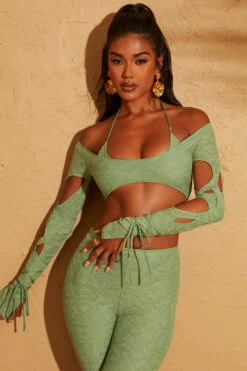 Cut Out Crop Top In Green -Glam Dress Store 5092 3 Thar Green Cut Out Sleeve Off Shoulder Crop Topcopy