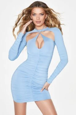 Long Sleeve Ruched Cut Out Mini Dress In Blue -Glam Dress Store 5102 1 Blue Ruched Long Sleeve Cut Out Mini Dress