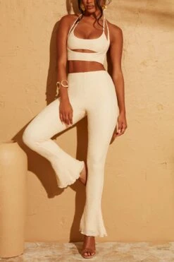 Double Layered Cut Out Crop Top In Cream 39 Double Layered Cut Out Crop Top In Cream -Glam Dress Store 5113 5095 8 Cream Double Layered Crop Top Lace Up Back Trousers